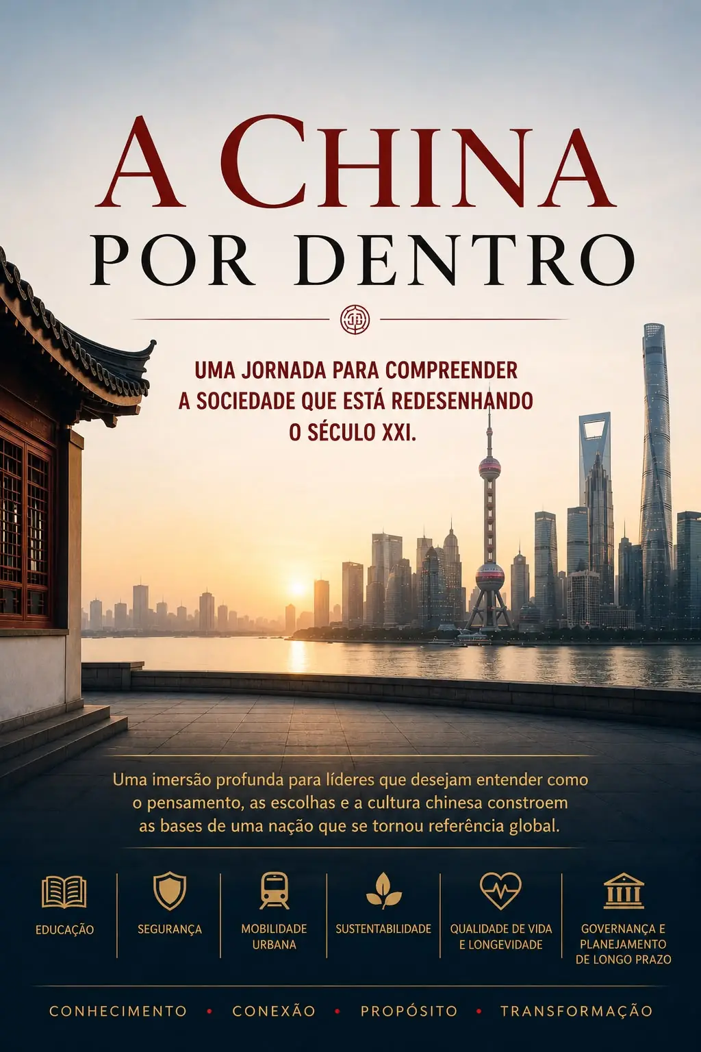 Pôster da missão empresarial A China Por Dentro, com a skyline de Xangai ao entardecer e os pilares da jornada